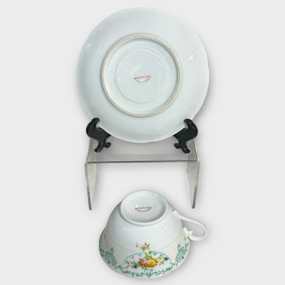 VTG Harco Japan Tea Cup & Saucer SET‎ OF 3 Hand Painted Floral Lattice Porcelain